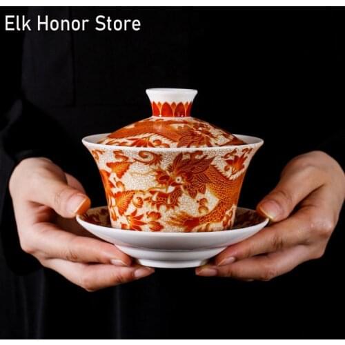 250ml Enamel Color Sancai Gaiwan Master Cups Retro Chinese Tea Set Teacup Lid And Saucer Set Teaware Chrysanthemum Tea Teaware