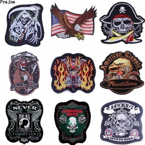 Prajna DIY Punk Skull Patch Biker Rock Badge Cheap Embroidered Motorcycle Band Patches For Clothing Stranger Things Patch Stripe