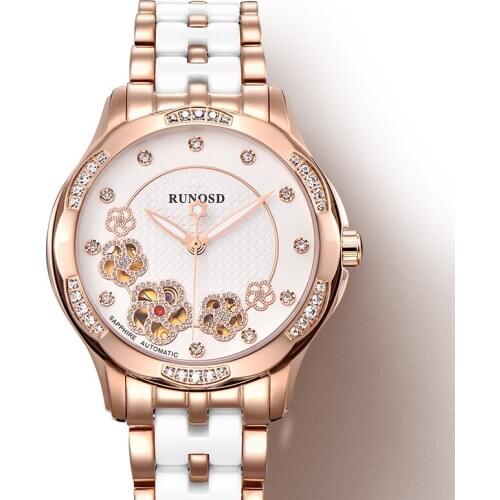 RUNOSD Rose Gold Womens Watch Mechanical Movement Ceramic Bracelet Sapphire Crystal Bright Zircon Dial Stainless Steel