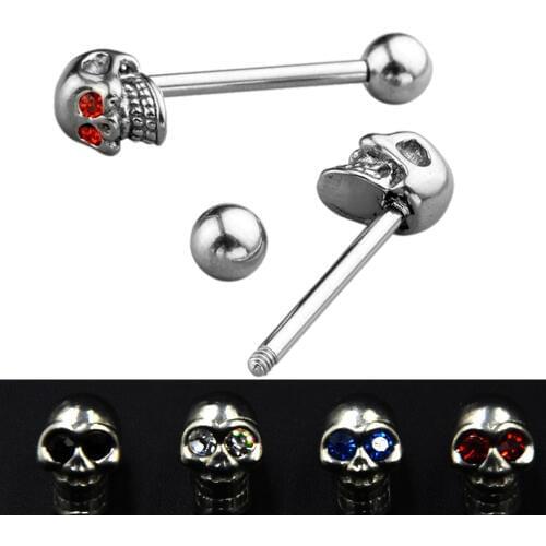 Showlove1pc Different Gem color 14 Gauge Steel Barbell Jewelry Gemmed skull Eye Tongue Barbell Nipple Rings