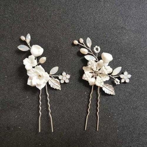 SLBRIDAL Handmade Alloy Leaf Ceram Flower Freshwater Pearls Bridal Hair Pin Wedding Hair Sticker Women Jewelry Hair Accessories