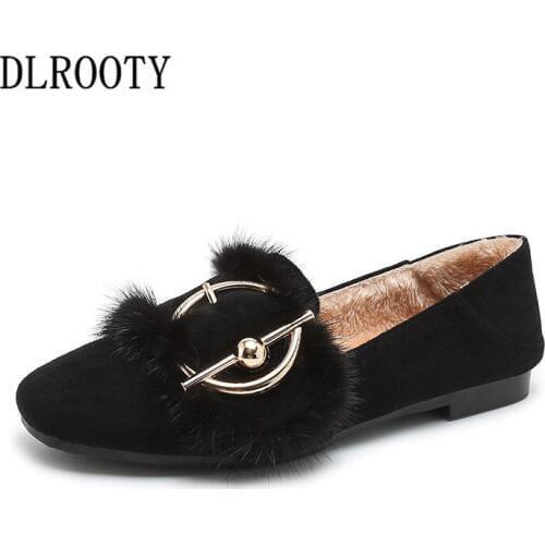 Winter Warm Women Flats Shoes Shallow Short Plush Fashion Fur Square Toe Slip On Platform Casual Solid Slip On Plus Size 34-43