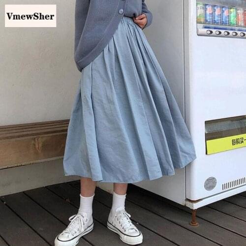 VmewSher New Spring Summer Women Skirts Mid-calf Length Long Solid High Waist a Line Female Elegant Pleated Blue Casual Skirt