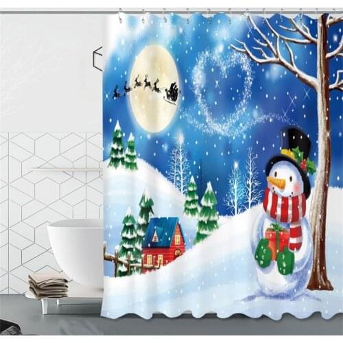 72'' Cute Snowman Santa Fly In Sled Christmas Fabric Shower Curtain Bathroom Waterproof 12 Hooks Bath Accessory Sets Anti-Mildew