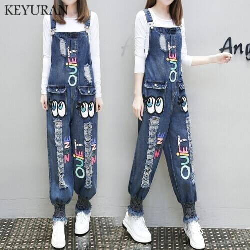 2019 New Autumn Fashion Cartoon Denim jumpsuits Women Long Loose Ripped Hole Jeans Rompers Female Sequine Overalls Denim Harem