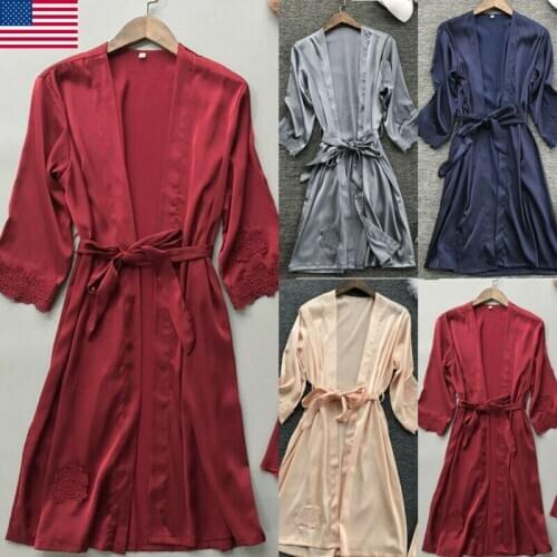 Women Satin Silk Lace Robe Dress Gown Kimono Bridal Wedding Sleepwear Nightdress