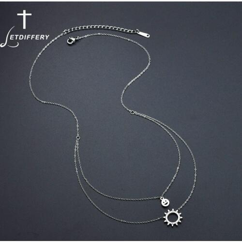 Letdiffery Simple 316L Steel Hollow Evil Sun Pendant Necklace For Women Smiley Face Double Layers Necklace Best Gift Collier