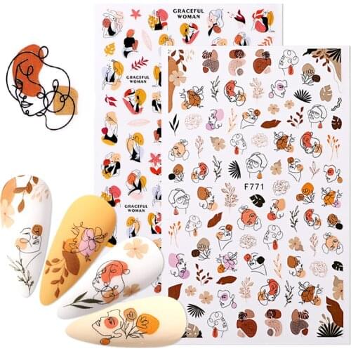 Abstract Lady Face 3D Nail Stickers Flowers Fall Leaf Sliders Paper Nail Art Decor Gel Polish Sticker DIY Manicure Foils Tips