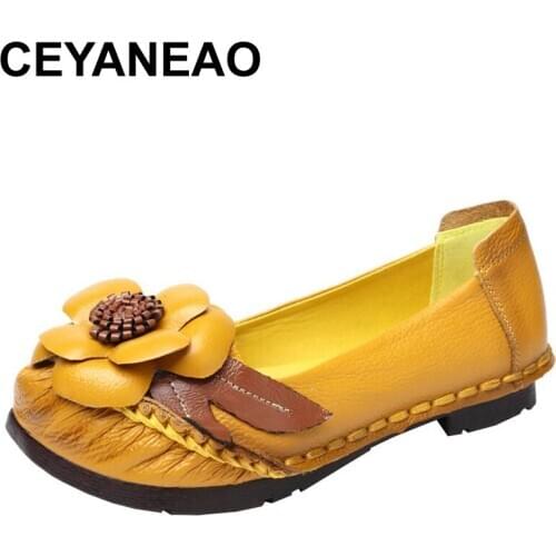 CEYANEAO 2020 Spring Autumn Chinese Style Genuine Leather Casual Flat Shoes Women Leather Hand Driving Vintage Soft Flats