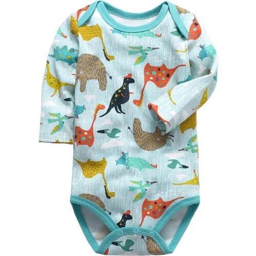 Baby Girls Boys Cartoon Romper Unisex Long Sleeve Cotton Bodysuit Elephant Dinosaur Animal Print Jumpsuit for Toddler Newborn