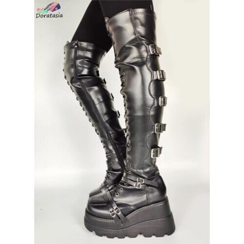 DORATASIA Platform Buckle Lace Up Thick Bottom Luxury Shoes Platform Boots Women The Big Size 43 Stylish Over The Knee Boots
