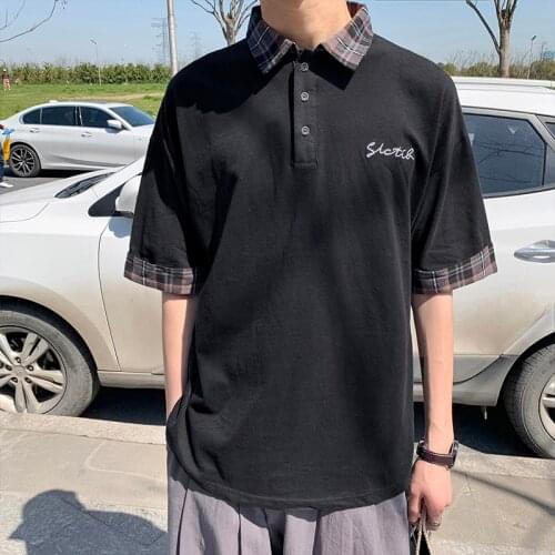 Mens T-shirt Summer Fake Two-Piece Plaid Stitching Short-Sleeved Turn-Down Collar Loose Korean Style Harajuku Vintage Tops