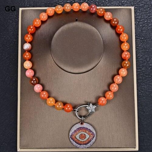 GuaiGuai Jewelry 18'' 12mm Round Orange Agate Necklace Cz Pave Evil Eye Pendant