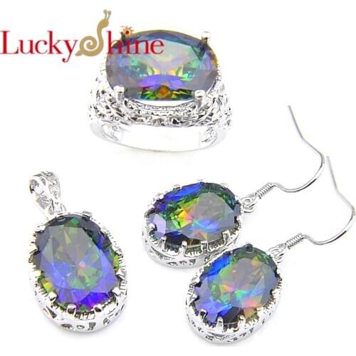 LuckyShine Mix 3pcs1Lot Fire Classic Oval Rainbow Natural Mystic Zircon Silver Pendants Earrings Rings Jewelry Sets