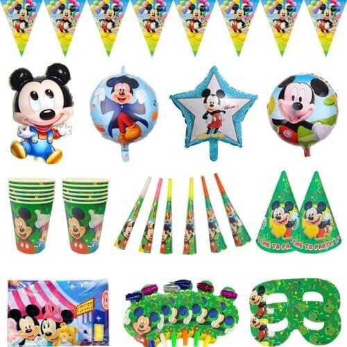 Mickey Mouse Disposable Tableware Set Paper Cup Plate Straws Flags Kids Birthday Party Baby Shower Decoration Supplies
