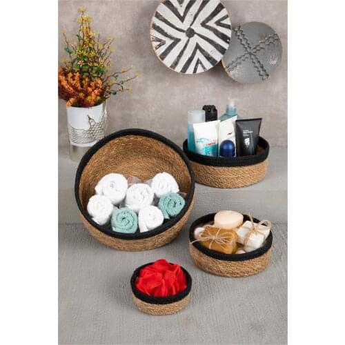 Natural Round Black Stripe Straw Basket Lux Organizer 4 Size Bath And Home Decor