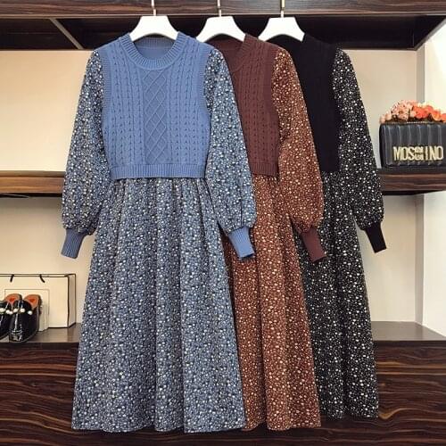 EHQAXIN New Women Knitted Stitching Dresses 2021 Autumn Long Floral Loose Sweater Stitching High Waist A-Line Dress Ladies L-4XL