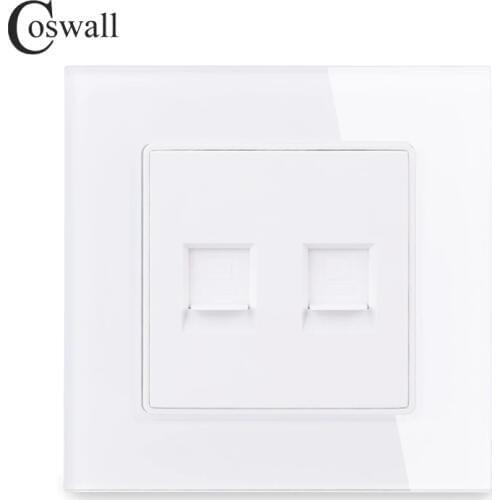COSWALL Crystal Tempered Glass Panel Wall Socket Double RJ45 CAT5E Internet Computer Data Connector C1 Series
