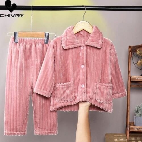 New 2021 Kids Boys Girls Autumn Winter Thick Keep Warm Flannel Pajama Sets Cartoon Lapel Tops with Pants Sleeping Clothing Sets