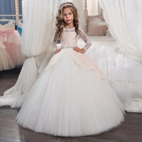 Long Sleeves Flower Girl Dresses For Weddings Ball Gown Tulle Appliques Beaded Long First Communion Dresses For Little Girls