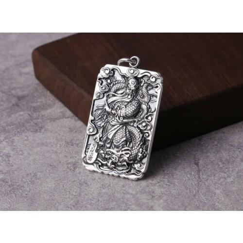 Solid 999 Sterling Silver Guandi - sword and dragon king men women amulet pendant Charm A4687