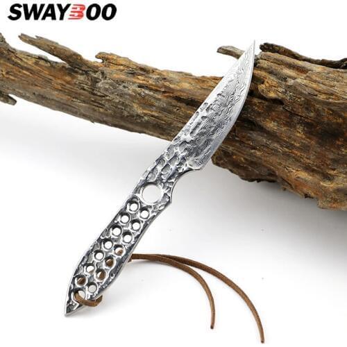 Dropship High Hardness Damascus Steel Fixed Blade Straight Knife Hole Handle Survival Knife Outdoor Portable Hunting Knife Tools
