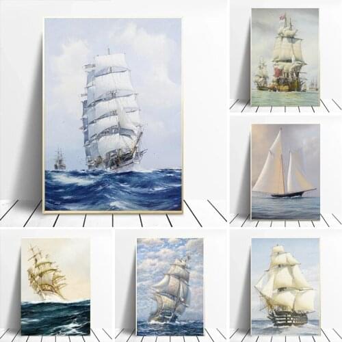 Nordic Vintage Canvas Painting Ship Sailboat Poster and Print Wall Art Picture for Living Room Kids Room Home Decor Cuadros