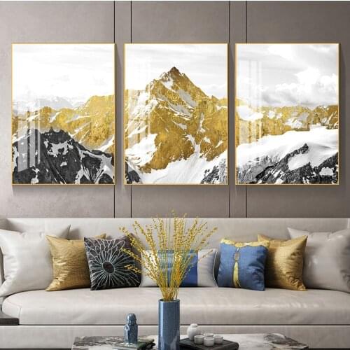 Modern abstract ink and wash landscape decoration painting, golden abstract art for snow and mountain, decoration poster