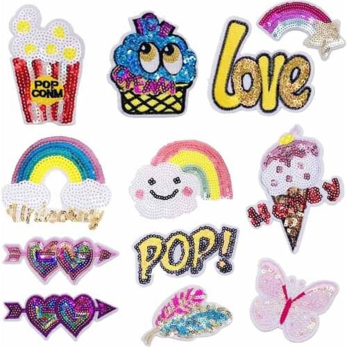 Rainbow Sequin Embroidery Patches Popcorn Iron on Patch Cartoon Clothing Stickers Thermo Adhesive Clothes DIY Sewing Supplies