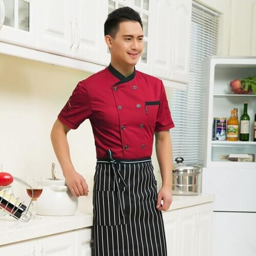 Unisex Food Service Clothing Chef Uniform Jacket Restaurant Hotel Working Wear Short Sleeve Breathable Cotton Fabrics B-6007