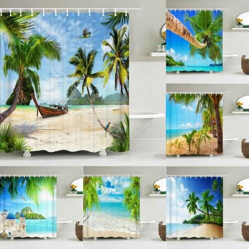 High Quality Sunny Beach Printed Fabric Shower Curtains Sea Scenery Bath Screen Waterproof Products Bathroom Decor with 12 Hooks