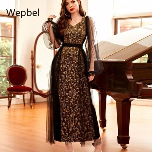 Wepbel Jacquard Knitted Abaya Dresses Mesh Muslim Party Dress Women Gold Woven Sleeves Maxi Party Dress Femme Longue Musulman