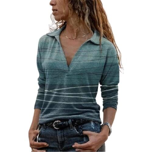 Fashion Striped Print Lapel Long Sleeve T-shirt Autumn Womens Casual Tops & Tees Ladies Slim Tie Dye Style Large Street Wear