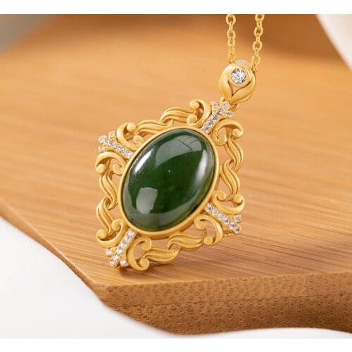 Natural 925 sterling silver gilded inlaid hetian jasper retro pendant jewellery fashion for women lucky