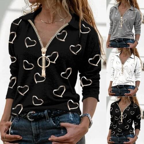 Women New Stylish Casual Zipper V Neck Heart Print Long Sleeve Sweatshirt Loose Blouse T-shirt Tops