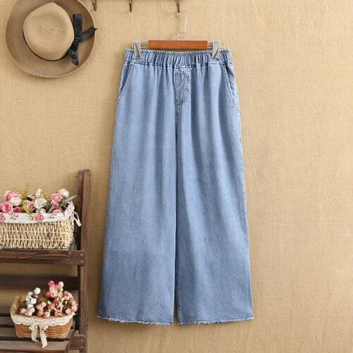 Plus Size Jeans For Women Cotton Denim Elastic Waist Minimalism Wide-Legged Pants Trouser Hem Tassels Bristle Styles In Summer