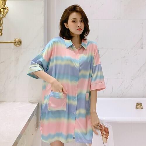 Womens night skirts fashion nightwear large-size loose home wear silky bathrobes colorful corrugated pijama mujer sleepwear