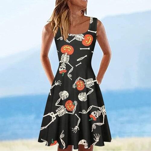 2021 Women Sleeveless Round Neck Printed Halloween A-Line Dress Fashion Casual Elegant Gothic Tank Pleated Ladies Party Dress