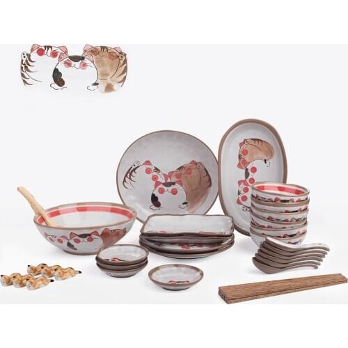 1/2/6 Person Dinner Set Japanese Handmade Cat Design Ceramic Tableware Set Dinner Set Gift Packing