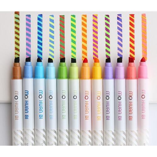 12pcs Magic Color Highlighter Pen Double-Headed Epoptic Allochroi Liner Drawing Pens Stationery Office School Art Supplies H6809