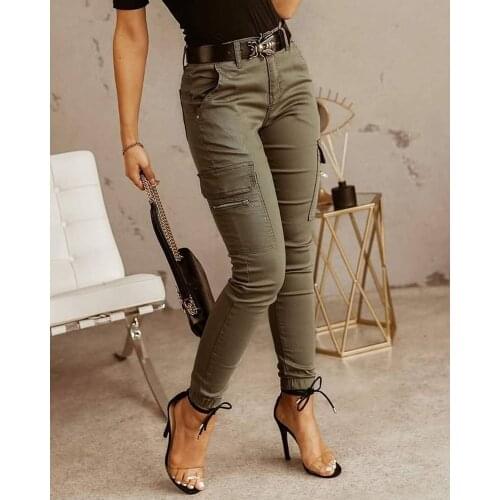 2021 Summer Streetwear Ropa Mujer Zipper Pocket Design Long Trousers Solid Casual Slim Fit Tight Pencil Pants Without Belt