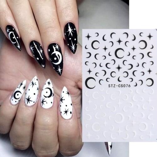 3D Black White Moon Star Nail Art Stickers Checkerboard Smile Flame Nail Design Patterns Nail Transfer Decal Manicure LESTZCS076