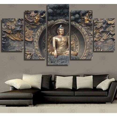 Unframed Canvas Art HD Home Decor Pictures Printed 5 Panel Copper Buddha Modern Living Room Wall Artwork Modular Poster Painting