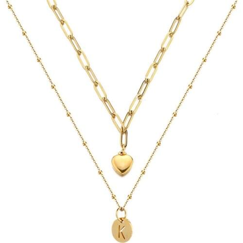 Stainless Steel Chain Heart 26 Alphabet Pendant Necklace For Women Coin A-Z Initial Letter Choker Jewelry Valentines Day Gifts