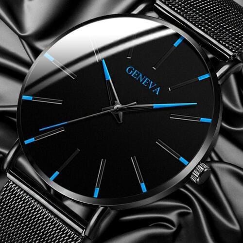 Fashion Luxury Mens Quartz Watches Blue Needle Mesh Silver Steel Belt Simple Leisure Business Watch Wristwatches Reloj Hombre