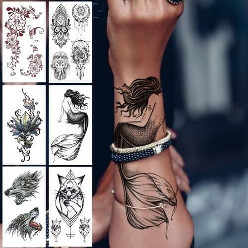 Black Mermaid Temporary Tattoos For Women Men Gold Lotus Fake Tattoos Sticker Lace Lion Geometric Cat Waterproof Tatoos Hand Arm