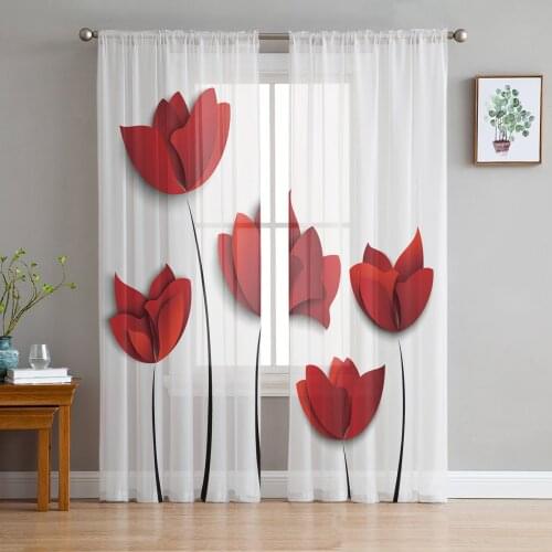 Red Flowers Sticker Sheer Curtain for Living Room Bedroom Kitchen Modern Tulle Window Treatment Home Decor