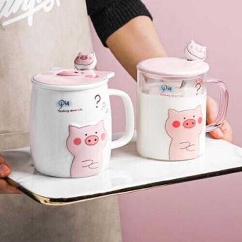 Mug with lid spoon ceramic cup cute Japanese home office large capacity water cup coffee cup