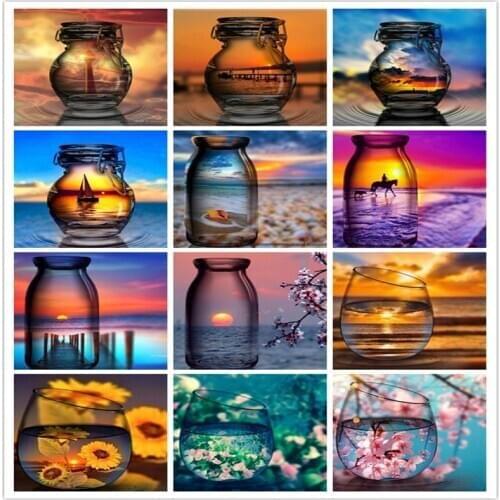 Square&Round Diamond Mosaic Cross Stitch Diamond Painting Glass Bottles Reflect Setting Sun Landscape Home Decorative Painting