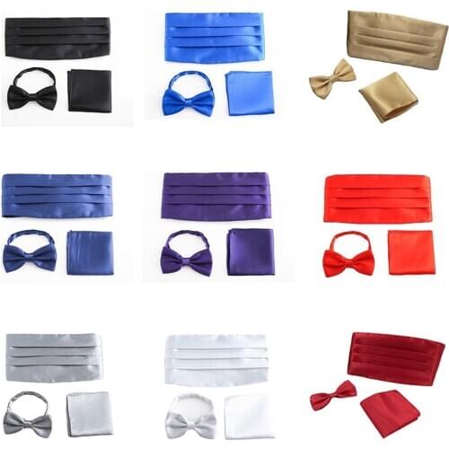 Men Satin Solid Color Bow Tie Cummerbund Handkerchief Wedding Party Prom Set BWTQN0335